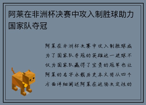 阿莱在非洲杯决赛中攻入制胜球助力国家队夺冠 阿莱在非洲杯决赛中攻入制胜球助力国家队夺冠